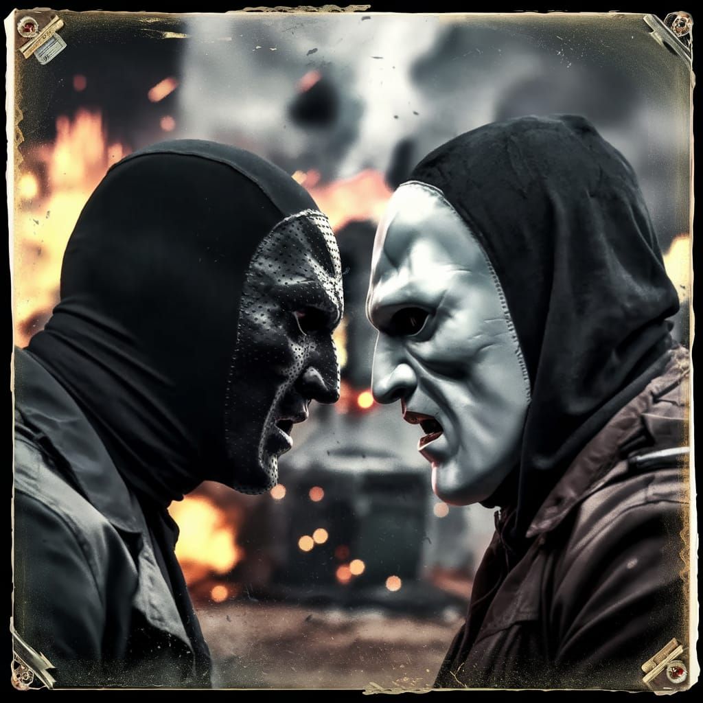 Black Mask vs White Mask War: Cinematic Film Still