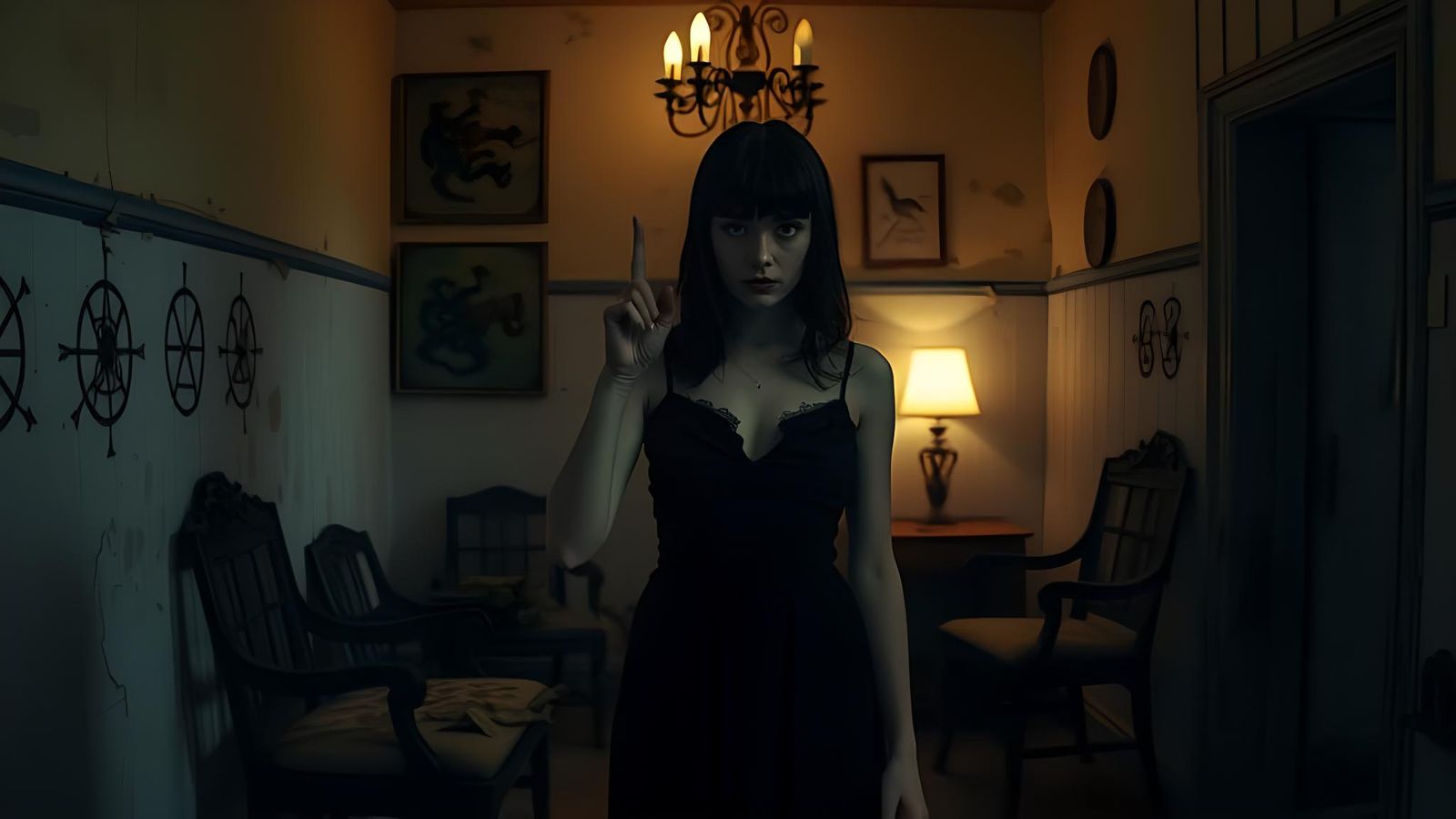 Creepy Goth Girl Points to Wall Symbols