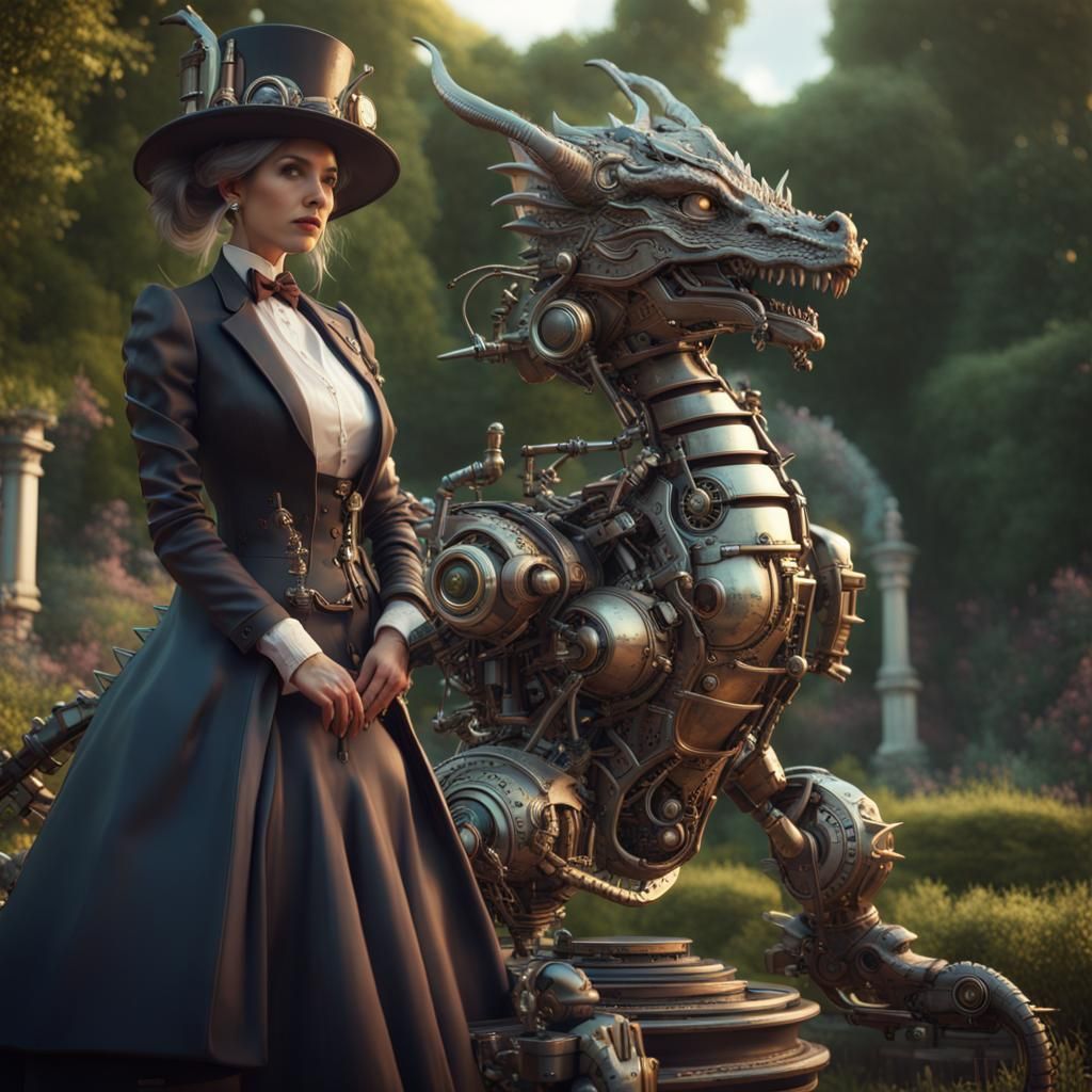 Steampunk Dragon and Woman in Garden