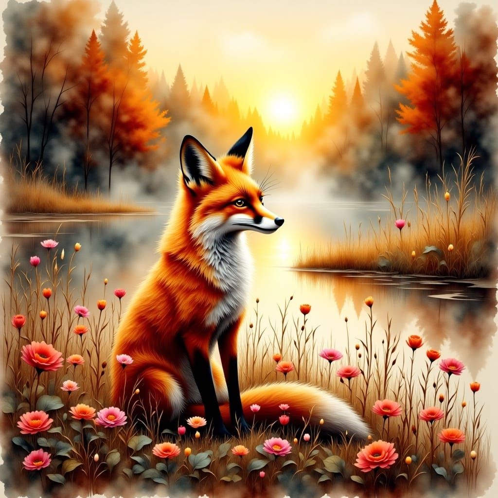 Romantic Fox in Wildflowers: Antique Watercolor Painting