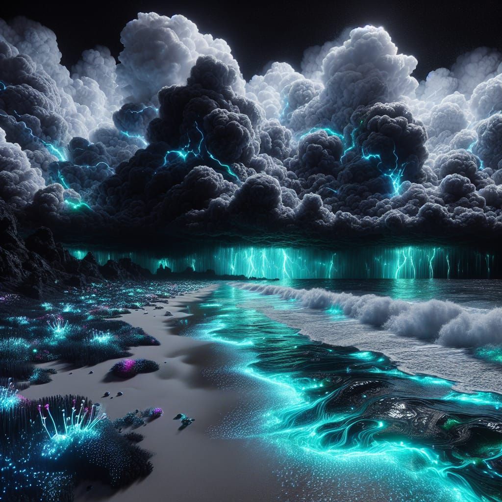 Bioluminescent Beach Under Neon Rainbow Lightning