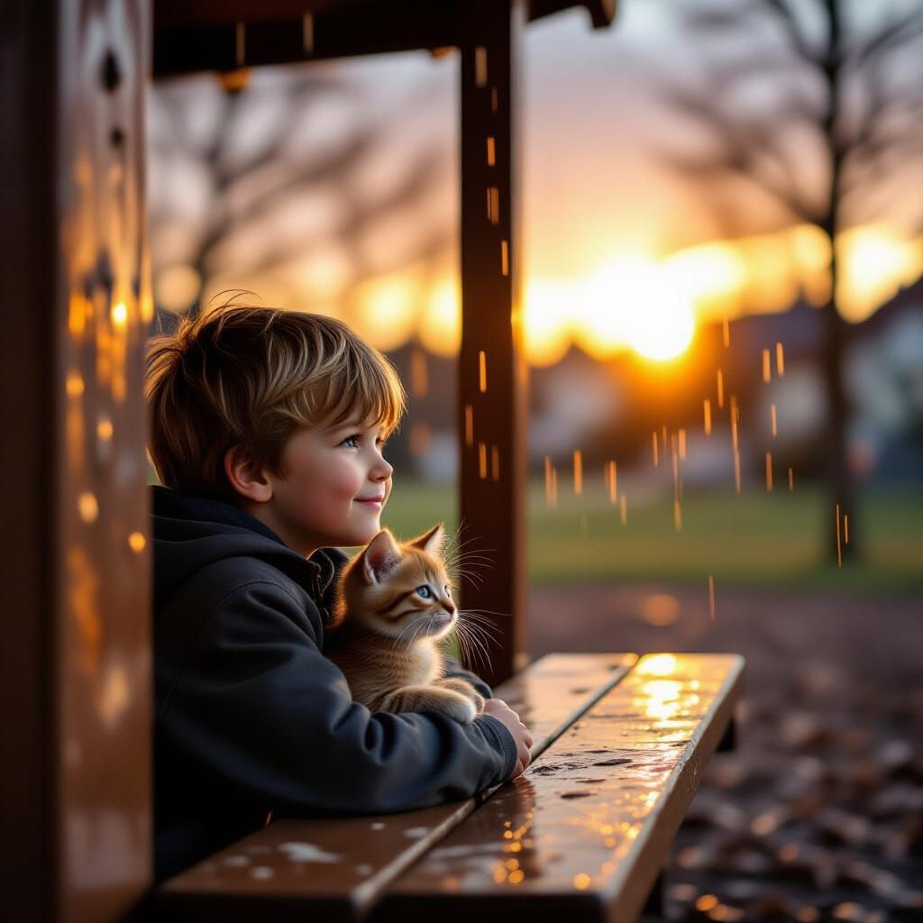 Boy and Kitten Watching Rain at Sunset