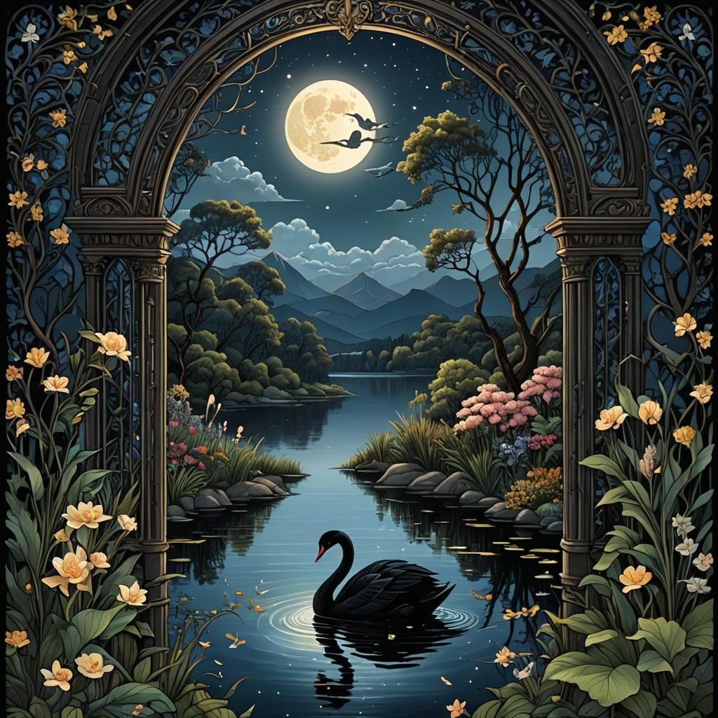 Black Swan Under Moonlight in Art Deco Style