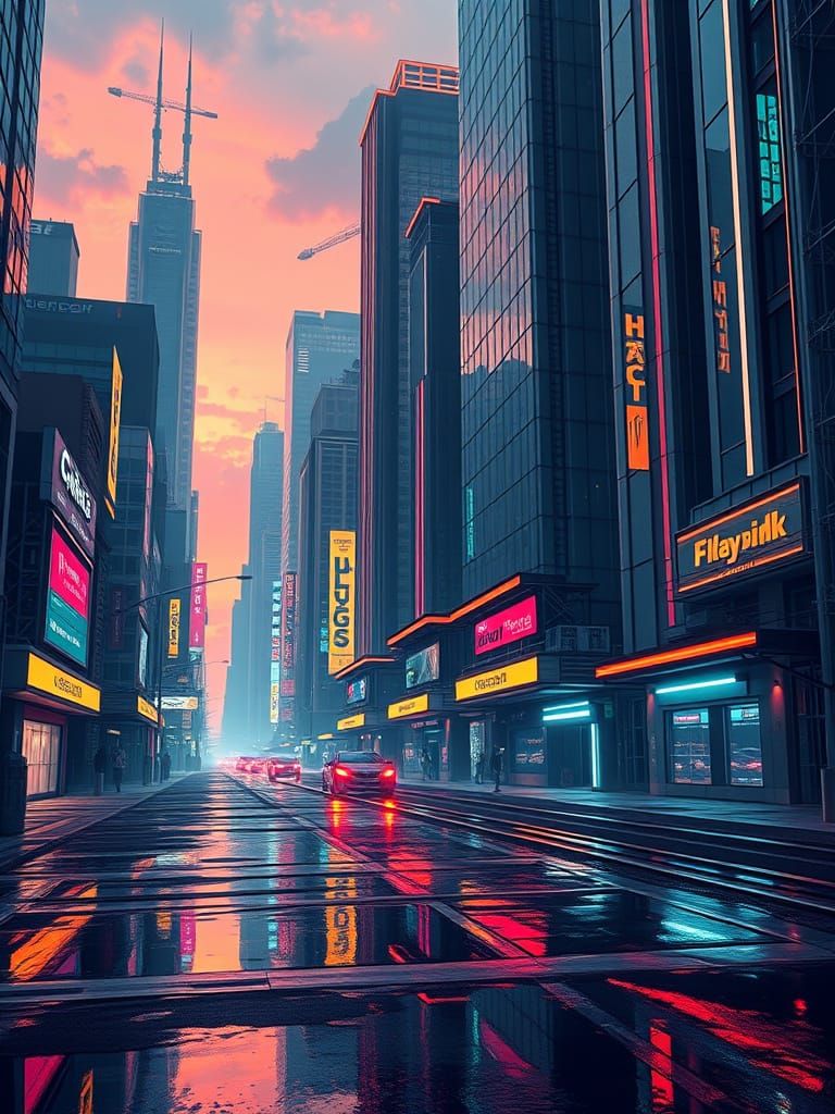Cyberpunk Cityscape at Dusk, Inspired by Syd Mead and Ash Th...
