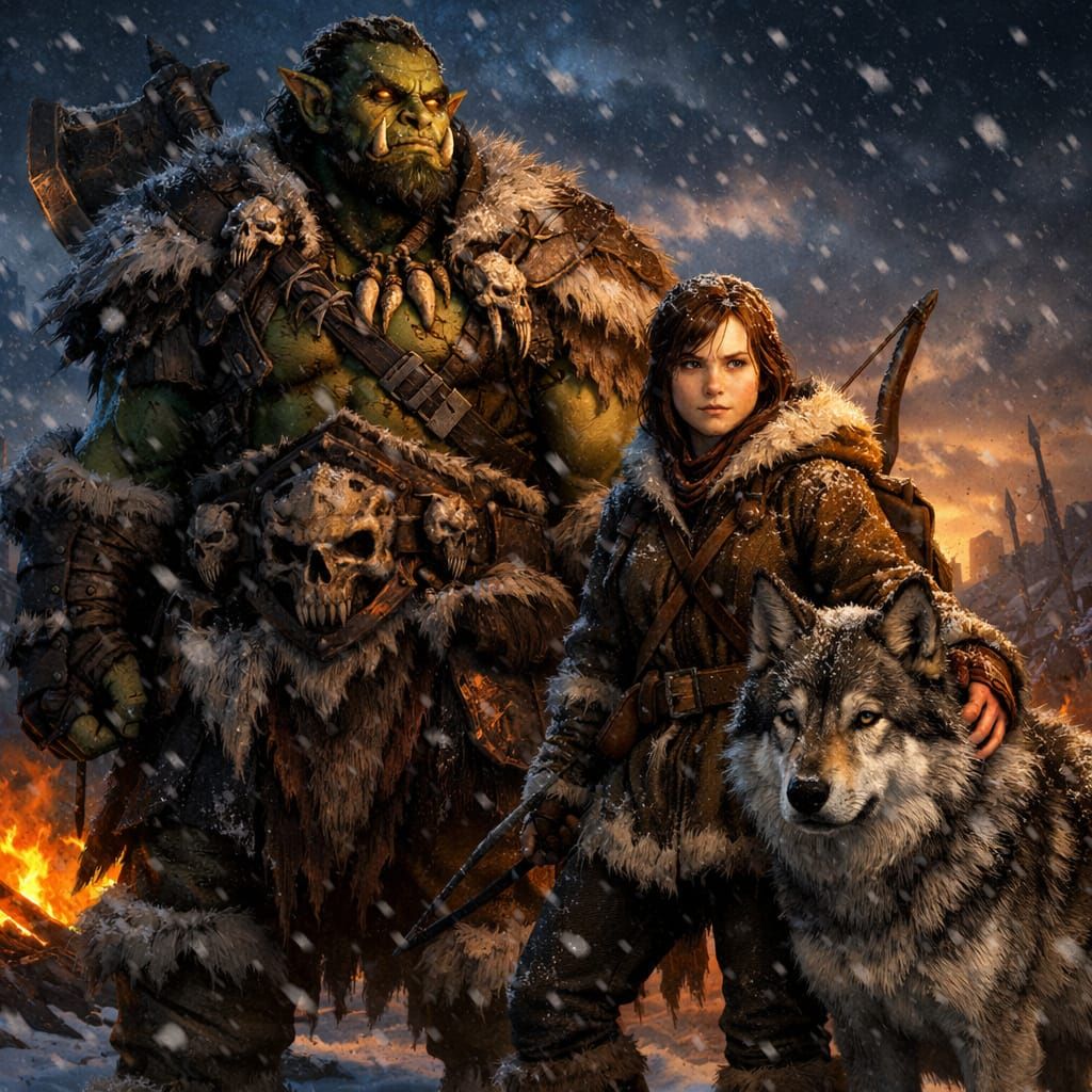 Orc Warrior and Girl on Snowy Battlefield at Dusk