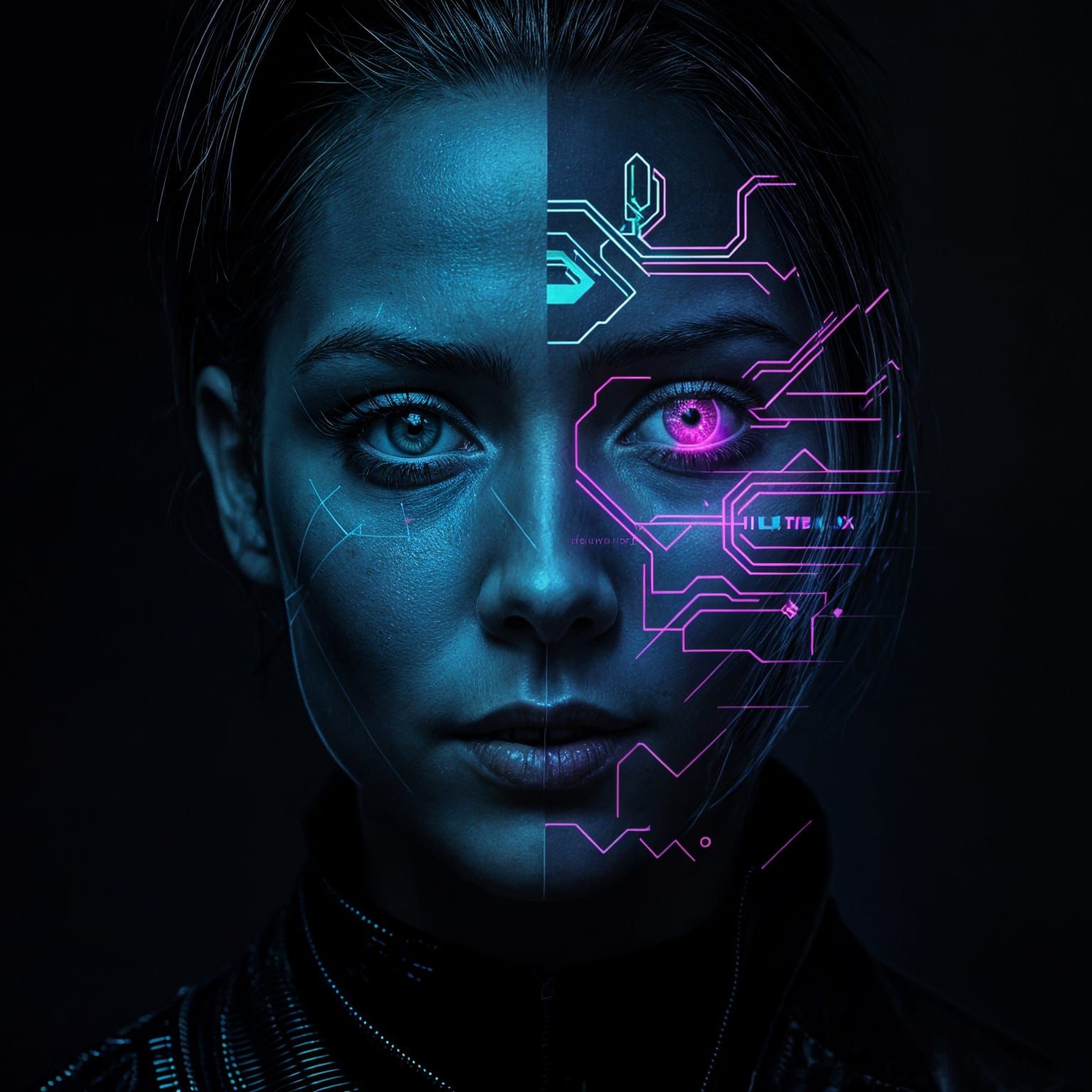 Cyberpunk Portrait of Glitching Person with Digital Fragment...