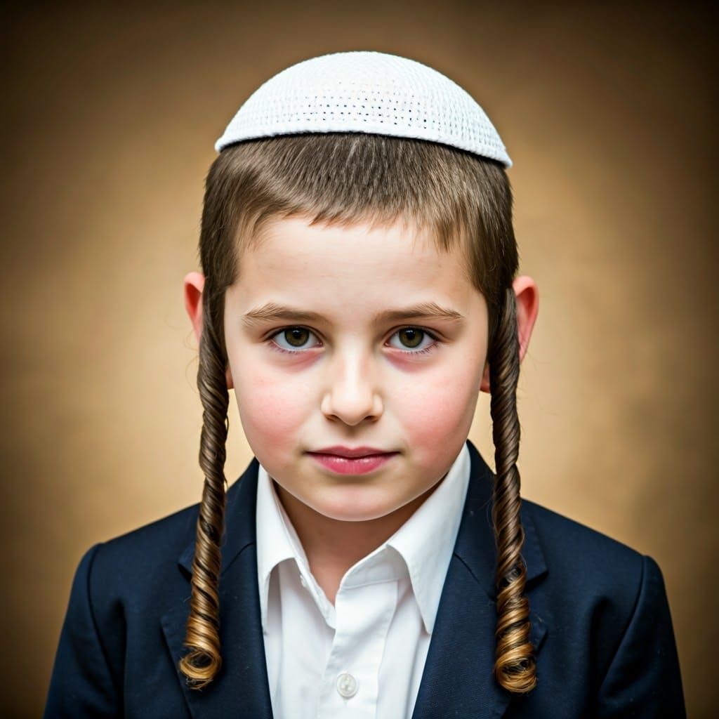 Hasidic Boy in Traditional Attire with Short Hair
