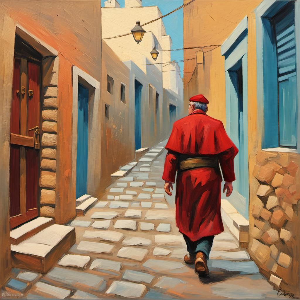 Greek Alley Pickpocket in Impressionist Style