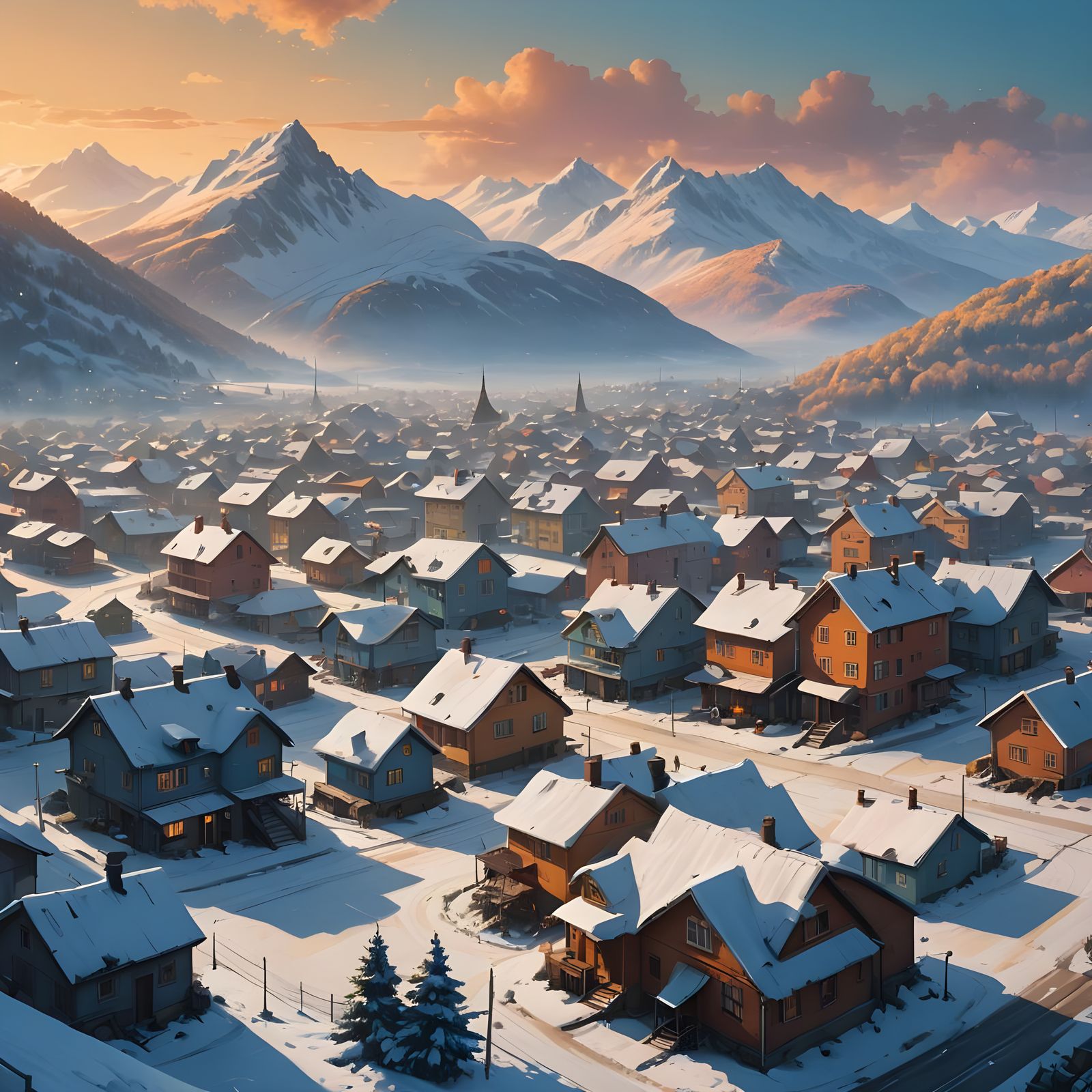 Winter Dawn Over Mountain City: Detailed Matte Painting