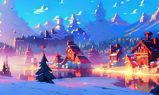 Frozen Winter Valley with Whimsical Village, Detailed CGI