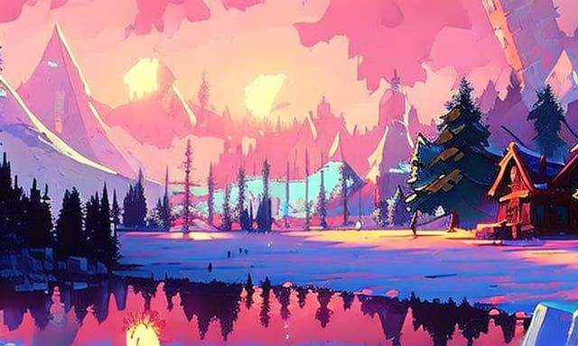 Frozen Winter Valley with Whimsical Village