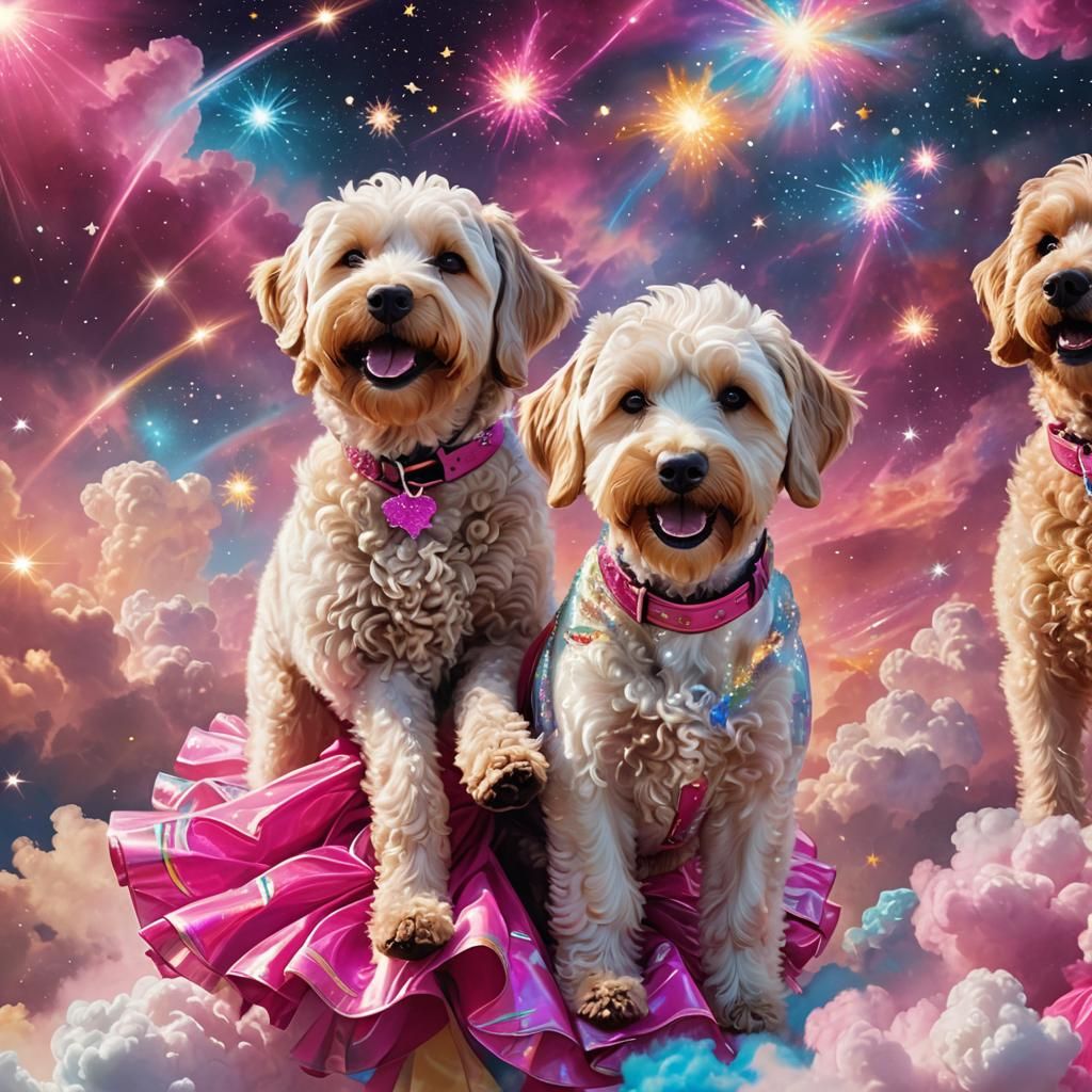 Cosmic Dogs in Pink Dresses: 3D Digital Art