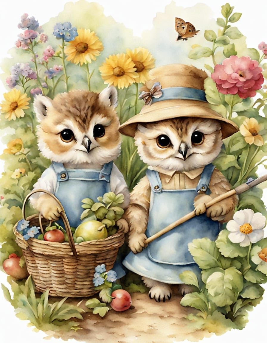 Owlets in Garden Scene, Beatrix Potter Style