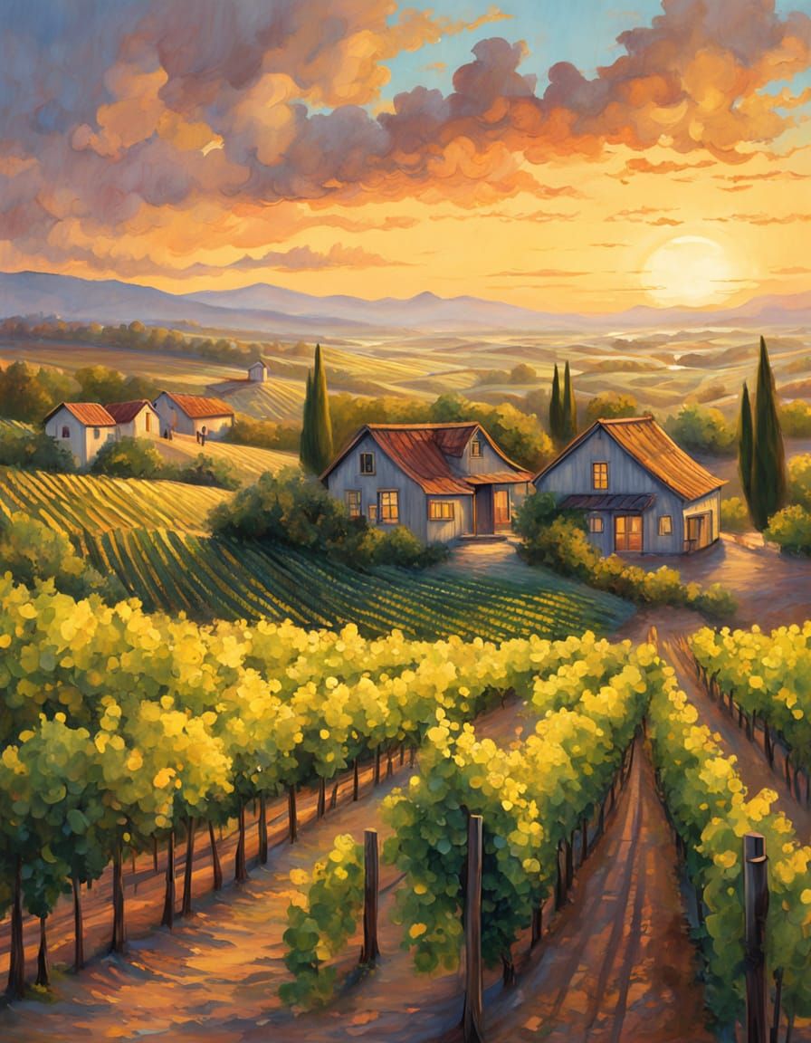 Golden Hour Vineyard Landscape in Impressionist Style