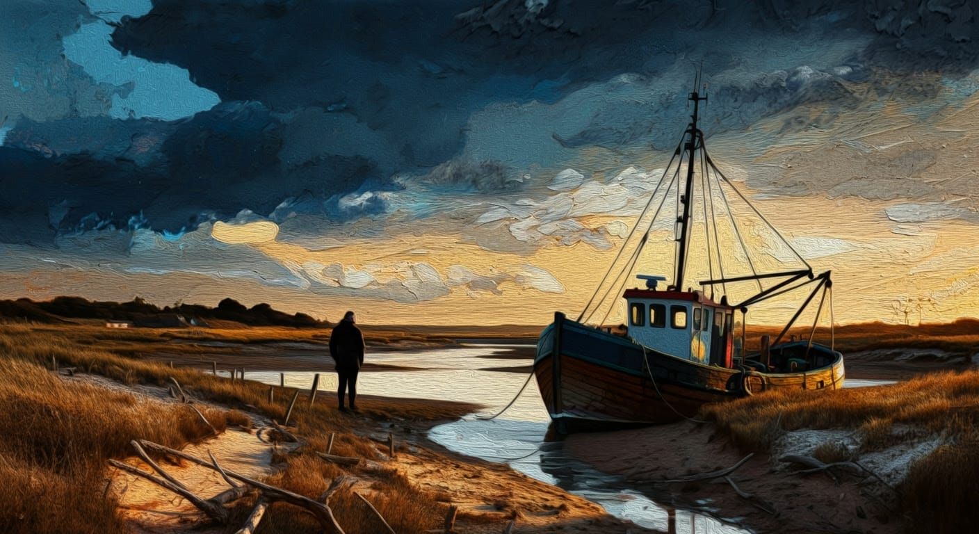small trawler on a tidal creek