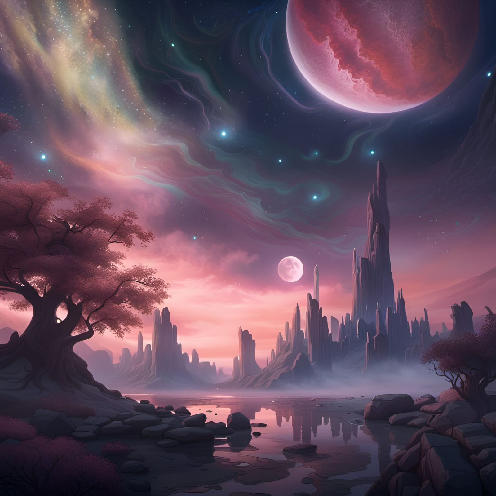 Celestial Moonlit Night with Swirling Pastel Colors