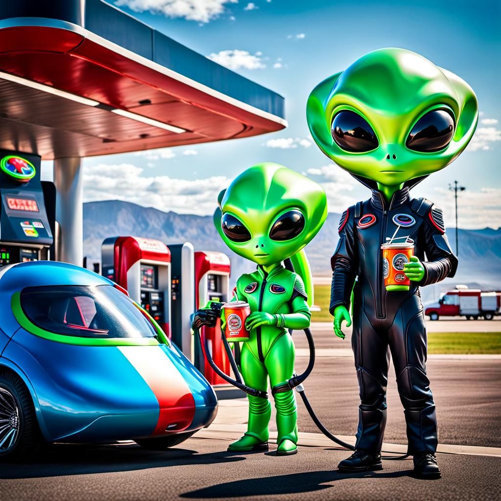 Sleek Spaceship Refuels at Alien Gas Station