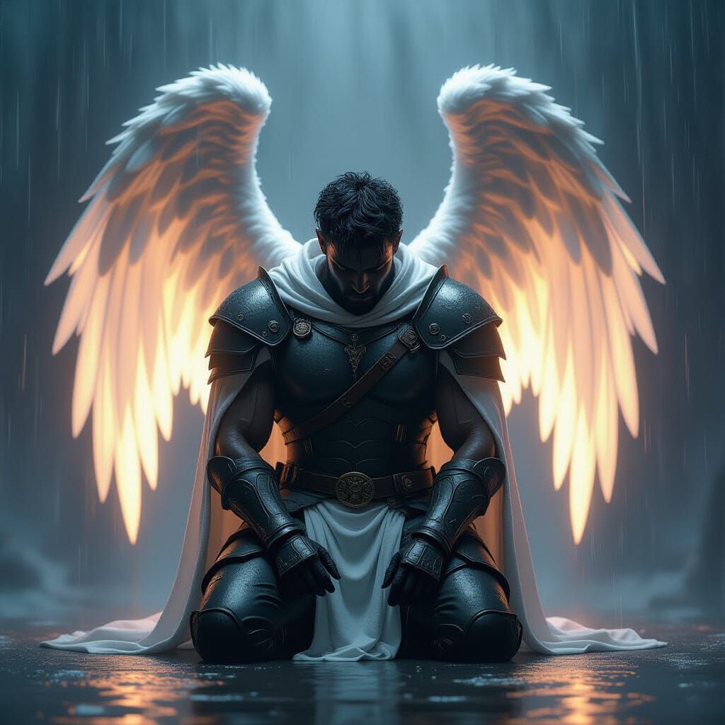 Kneeling Angel in Rain, Graphite Drawing