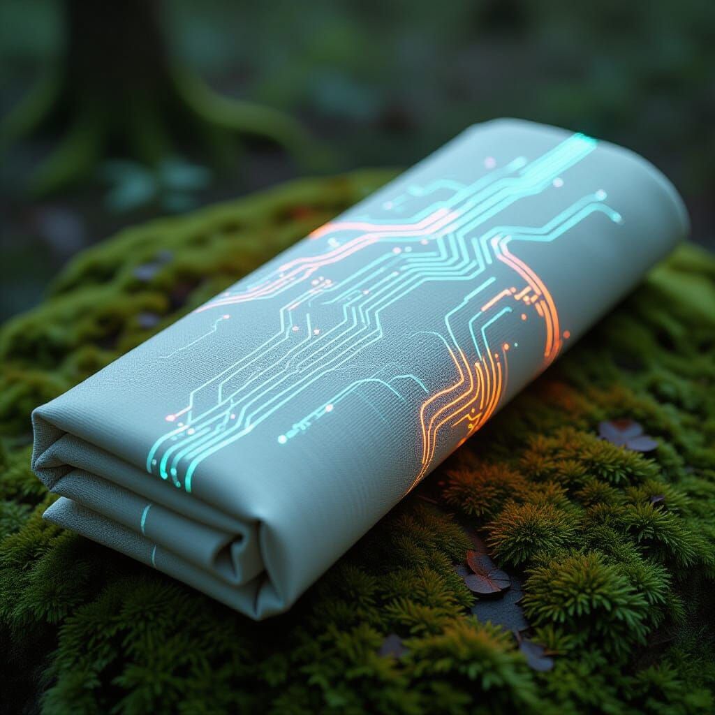 Glowing Data Fabric on Moss Table, in Futuristic Style