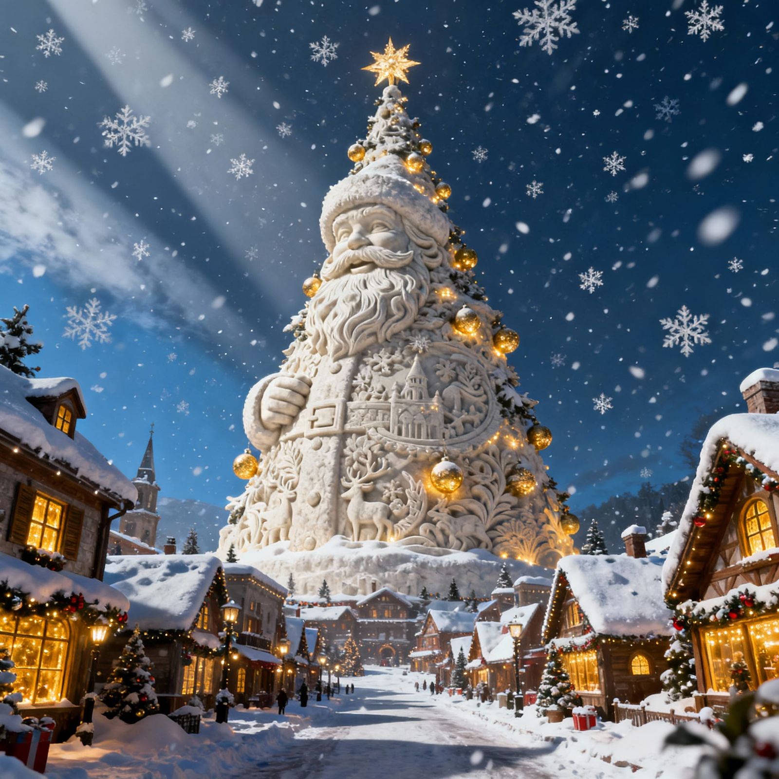 Colossal Santa Tree Over Snowy Christmas Village