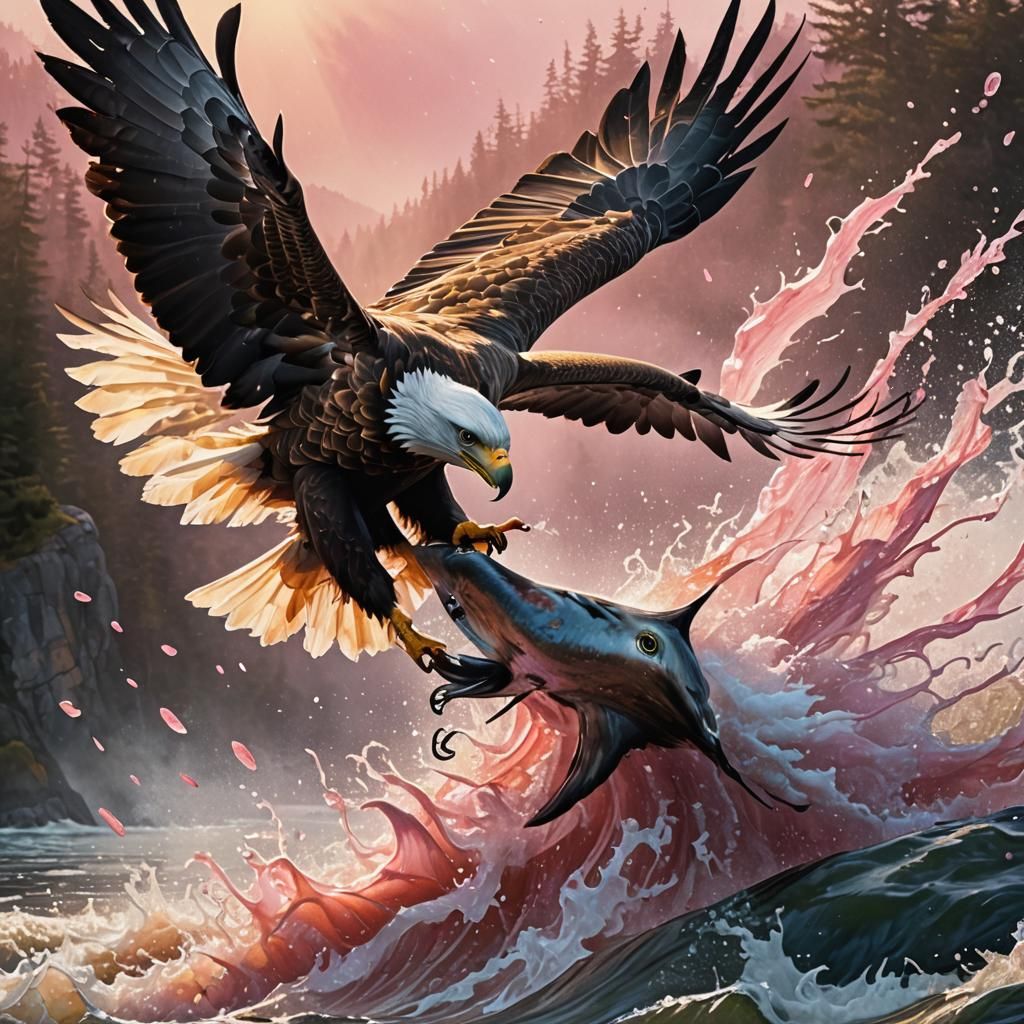 Eagle and Salmon in Surreal Wildlife Illustration