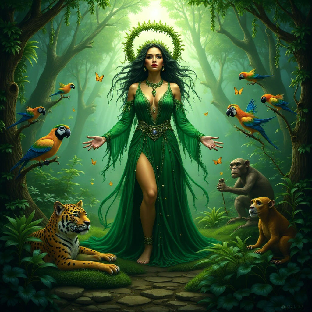 Nature Goddess With Creatures in Mystical Jungle