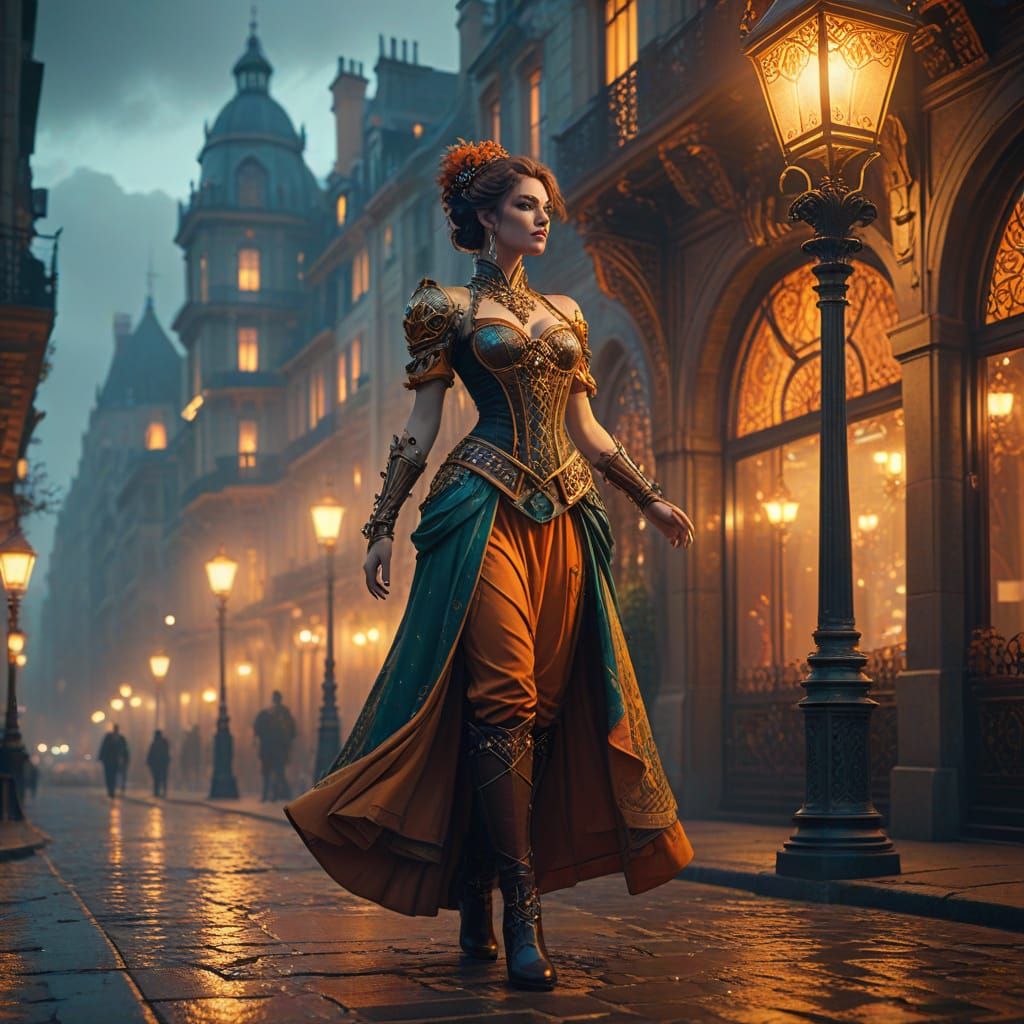 Steampunk Street Performer in Old Paris