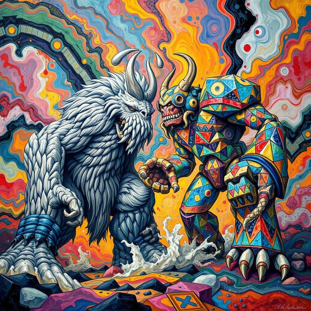 Fractured Fauvist Gods Clash in Vibrant Geometric Battle