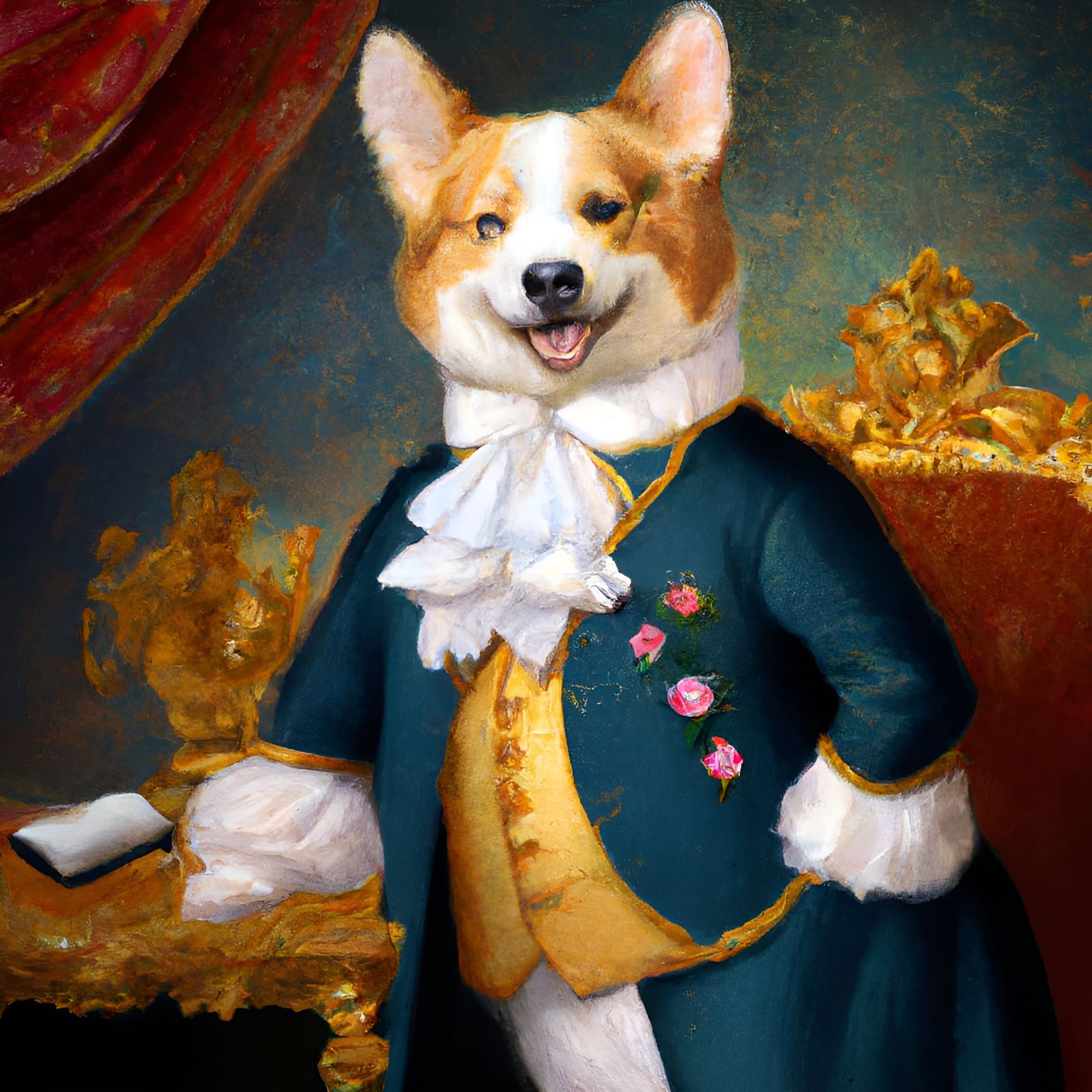 Corgi as Rococo Aristocrat in Oil Painting