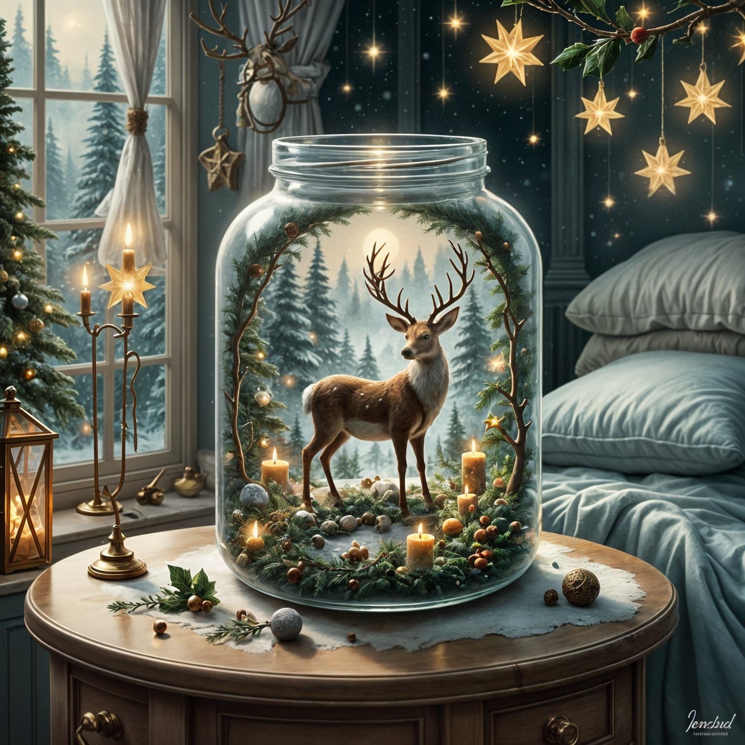 Magical White Stag in a Winter Forest Jar