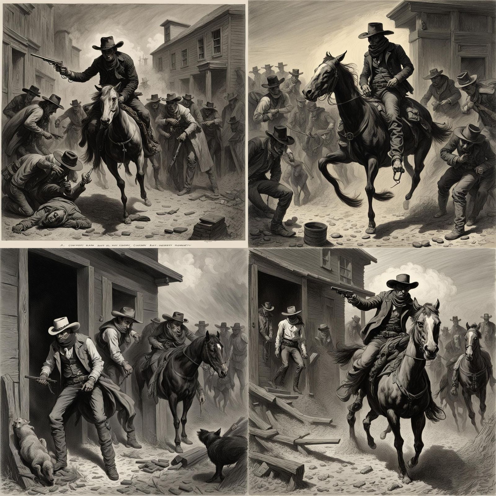 Cowboy Bank Robbery in Horror Engraving Style