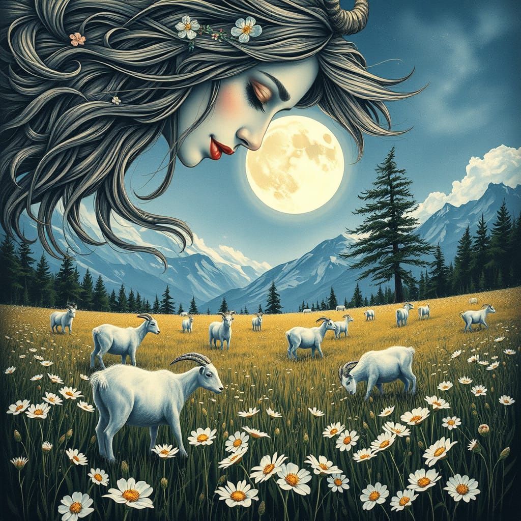 A Woman Tends Goats Under a Full Moonlit Sky