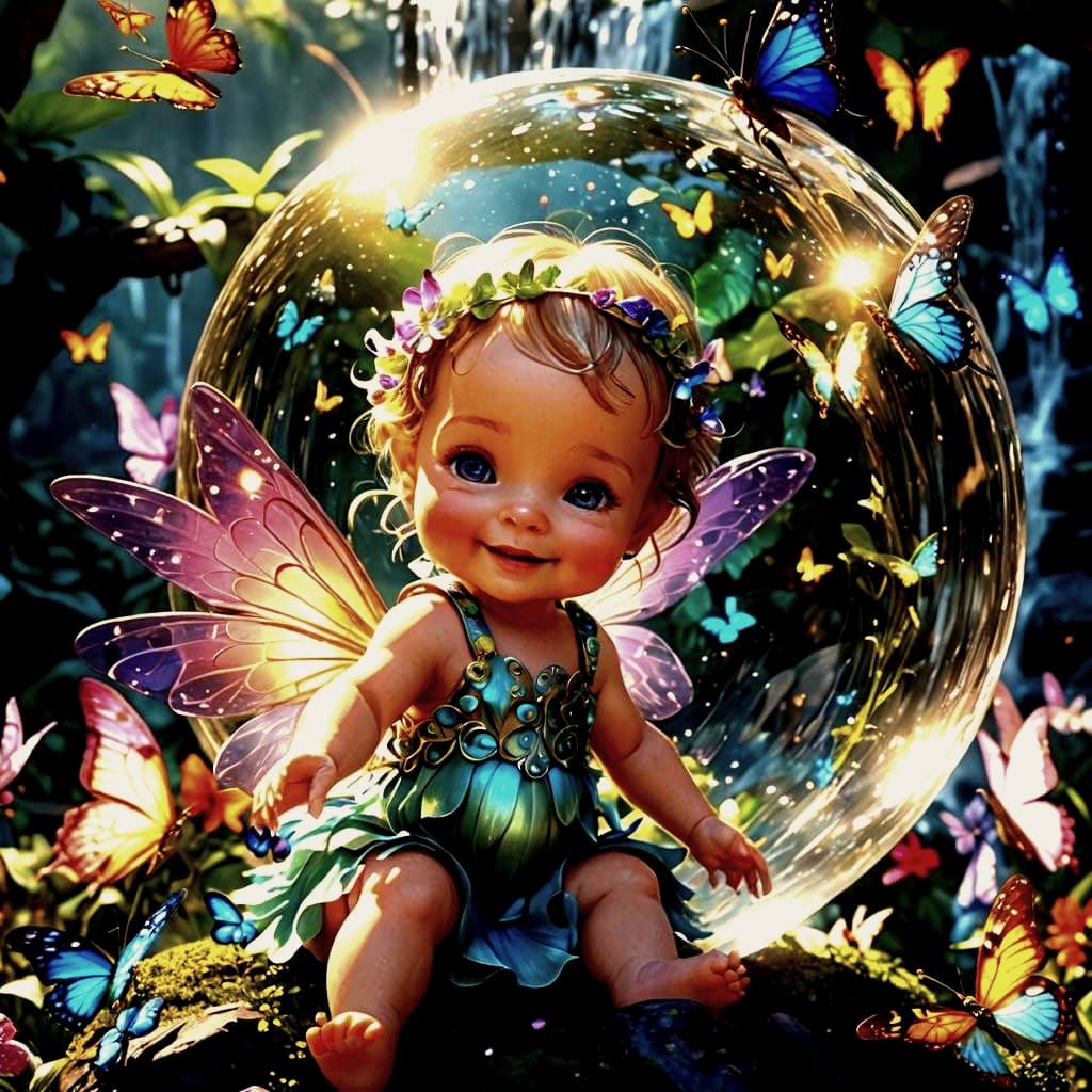 Baby Fairy Playing with Puppies in Magical Garden