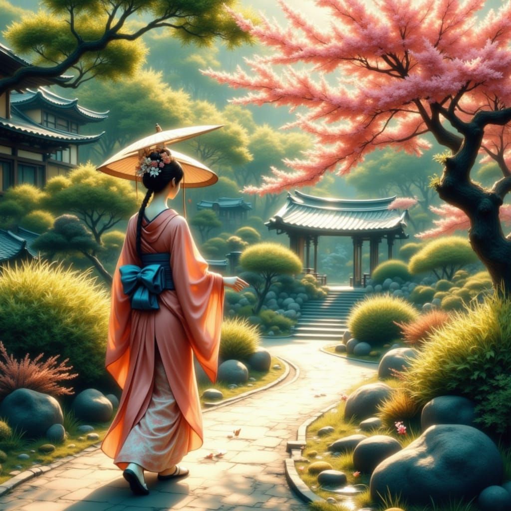 Genji and Murasaki in Heian-Era Monastery Garden