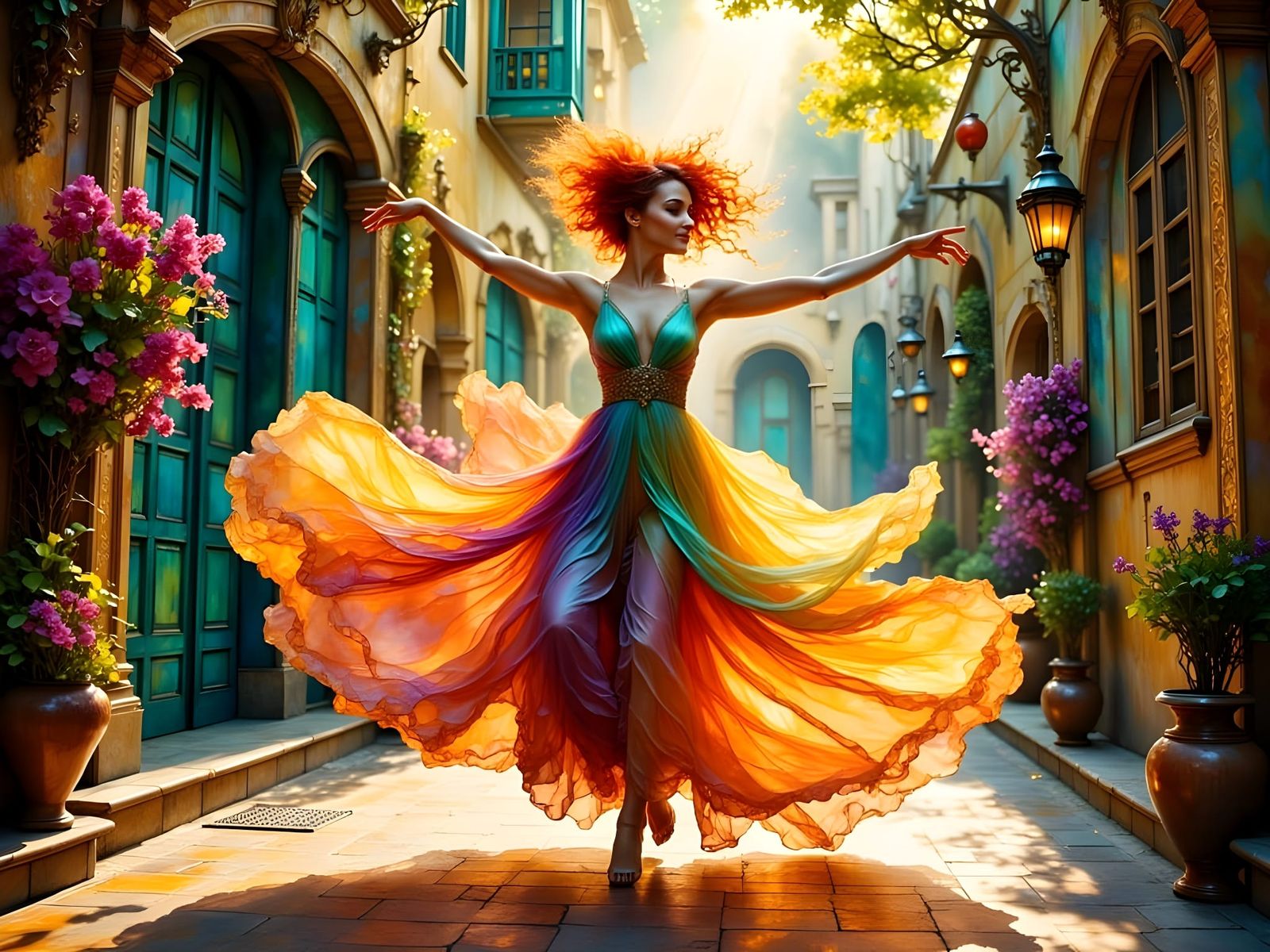 Dancer in Euphoric Flight: Epic Fantasy in Vibrant Colors