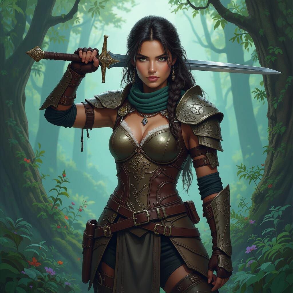 Fantasy Warrior in Mystical Forest, Heroic Pose