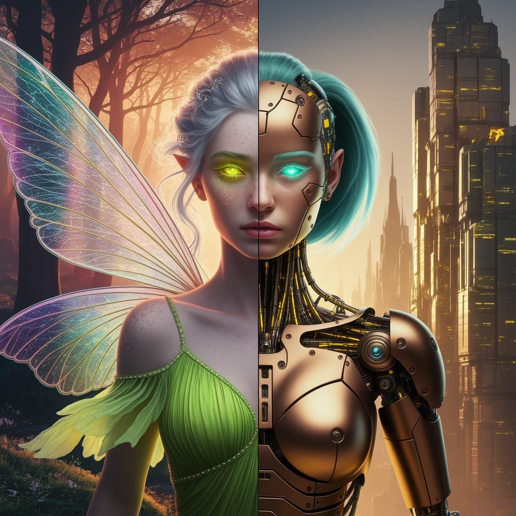 Fairy Meets Android: Digital Art Split Portrait
