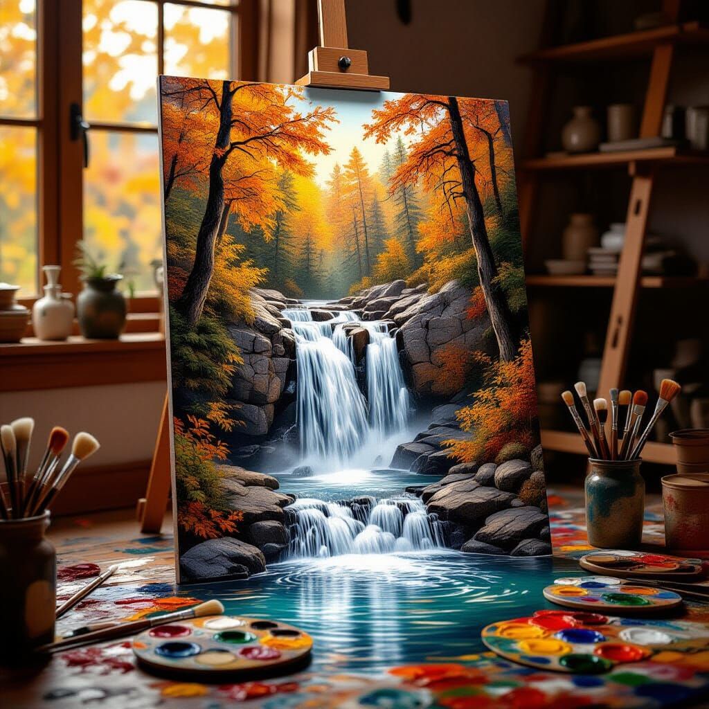 Surreal Autumn Waterfall Pours From Easel Painting
