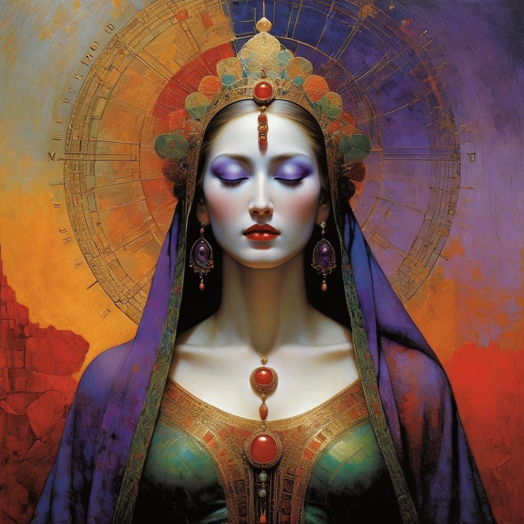 Surrealistic Madonna in Botanical Landscape with Impasto Bru...