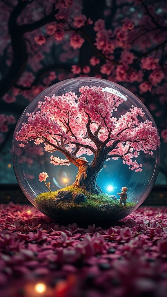 Ancient Cherry Blossom Forest in a Glass Sphere