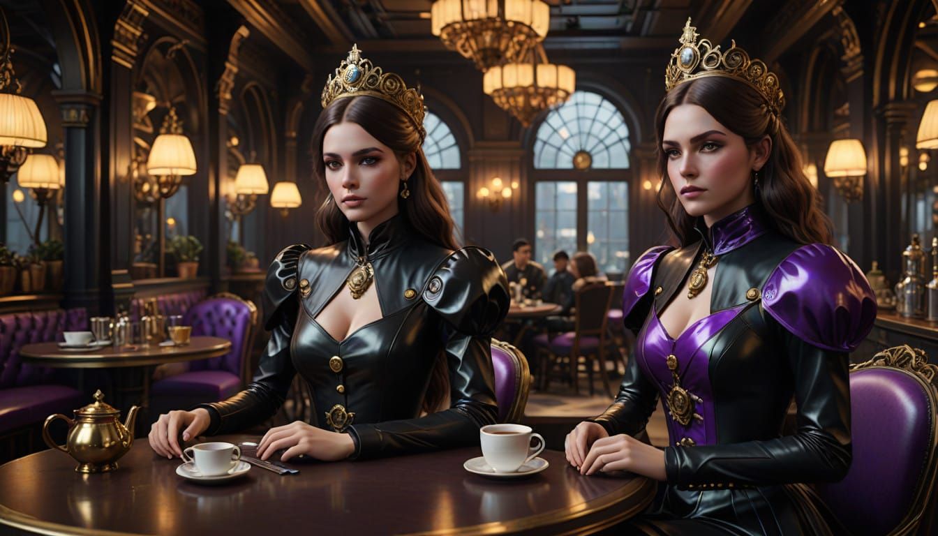 Elegant Women in Black Latex Café Scene in a Dark Fantasy Se...