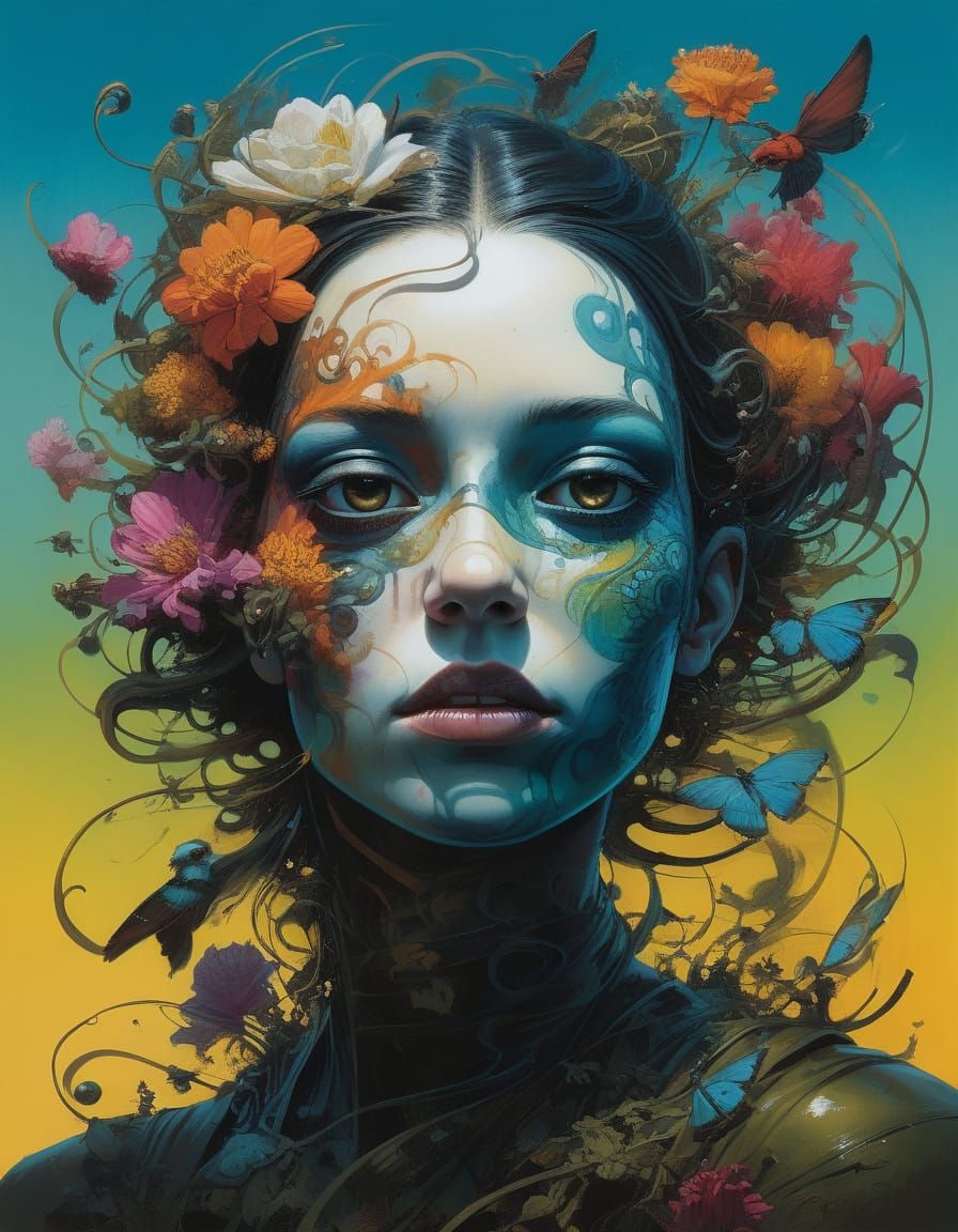 Enigmatic Woman Blooms in Hyperrealistic Floral Wonderland