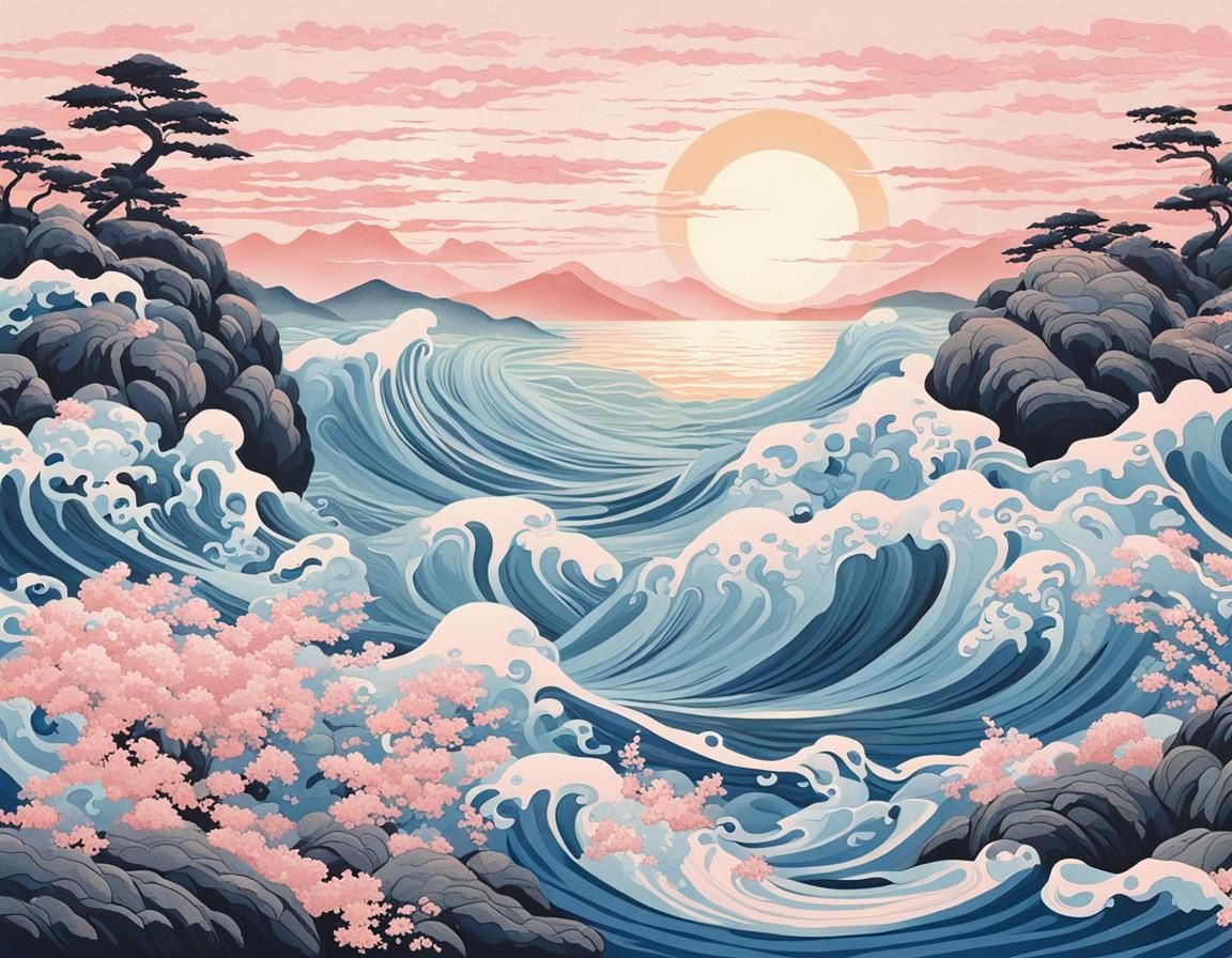 Mermaids at Sunrise in Hokusai Style