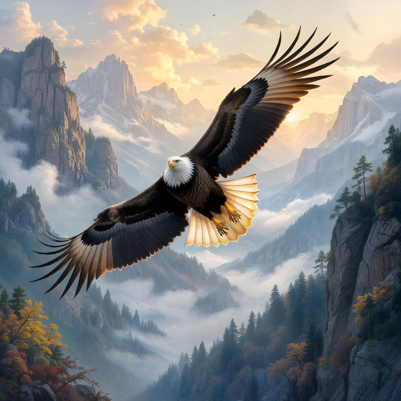 Misty Colorado Valley with Eagle, in Thangka Style