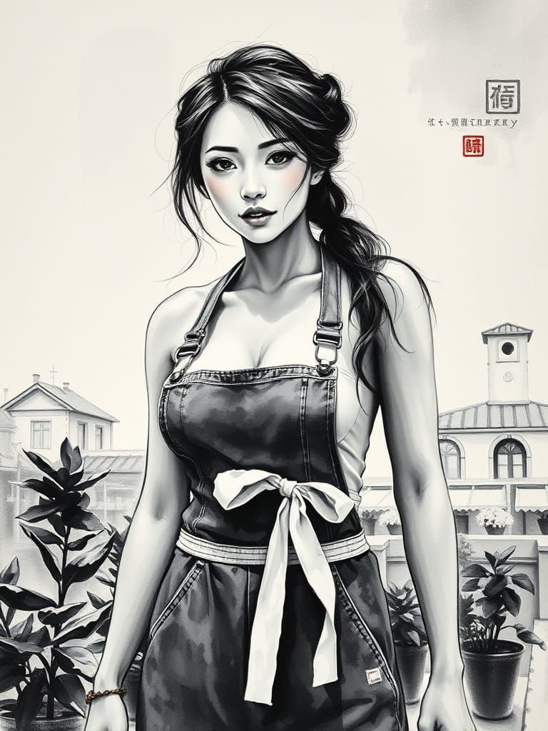 Ethereal Ink Portrait of Vietnamese Woman in Modern Rooftop....