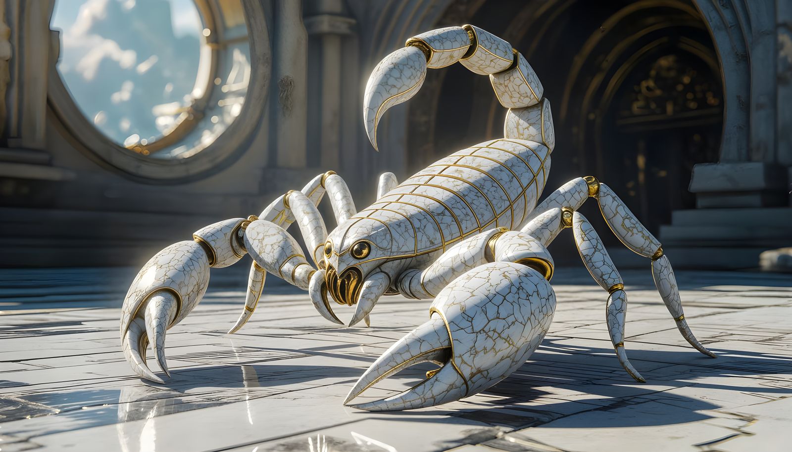 White and Gold Granite Scorpion Statue in HDR