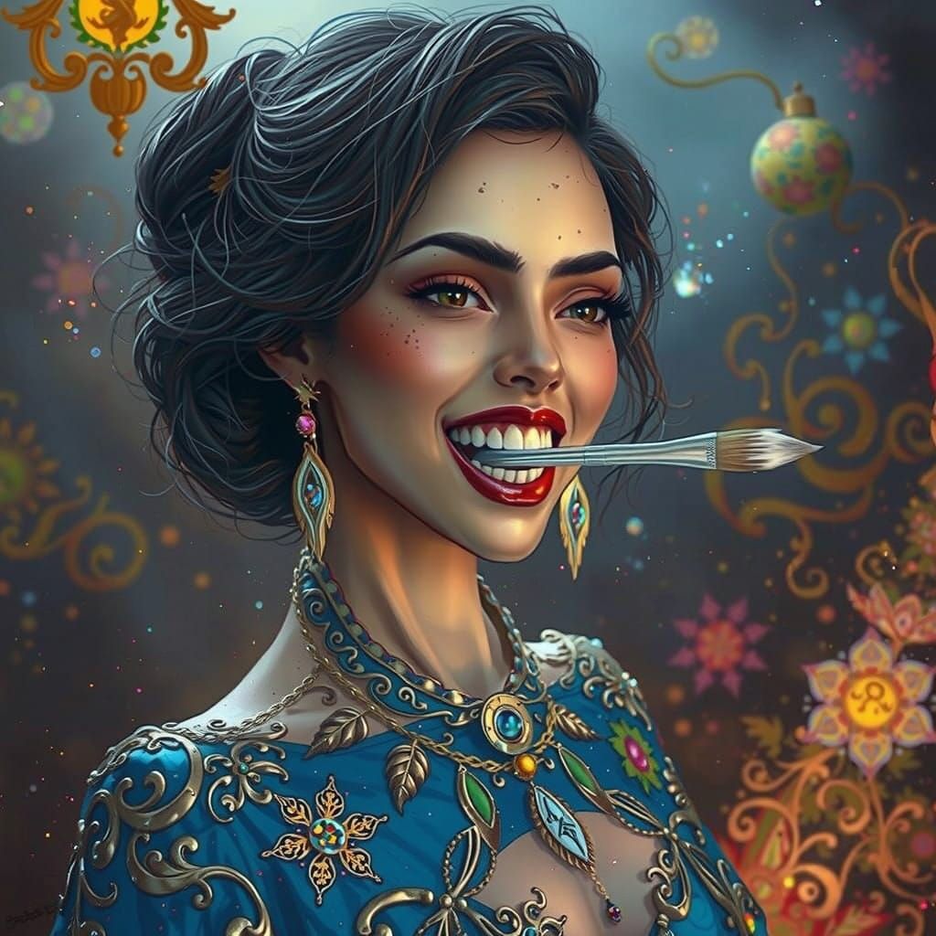 Woman in Whimsical Brushwork Scene, In Fantasy Concept Art S...