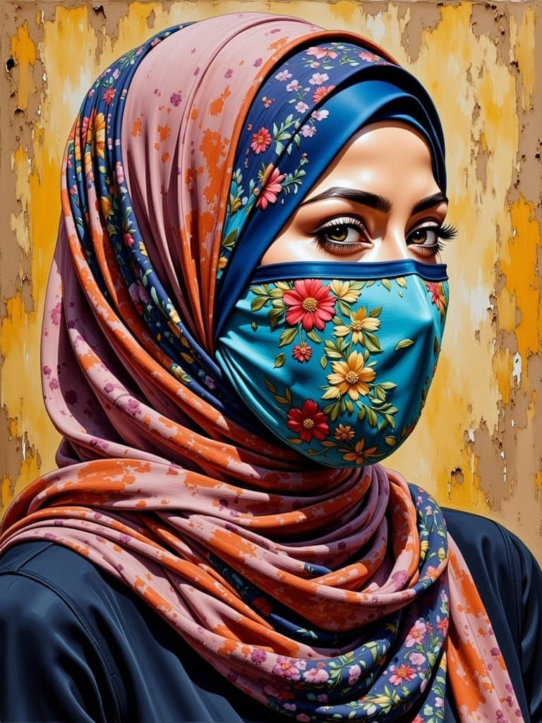 Masked Beauty Wearing Hijab as Oil-Guache Painting