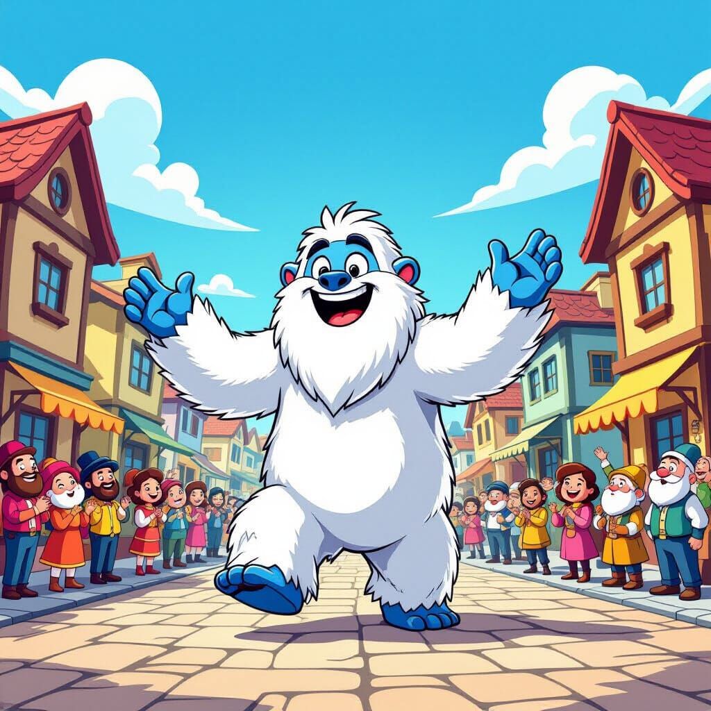 Cheerful Cartoon Yeti Dances in Town Square