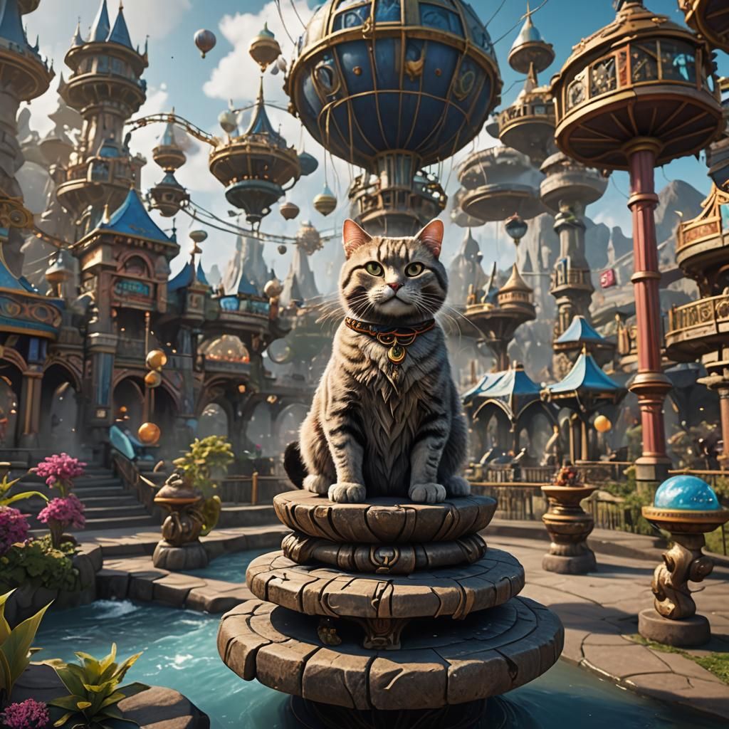 Meditating Cat Levitates in Colorful Theme Park